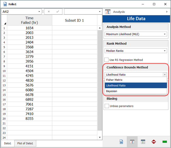Selecting the Confidence Bounds Method on the Analysis Page of the Control Panel