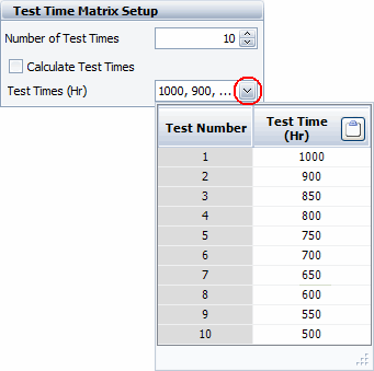 Test Time Matrix Setup area