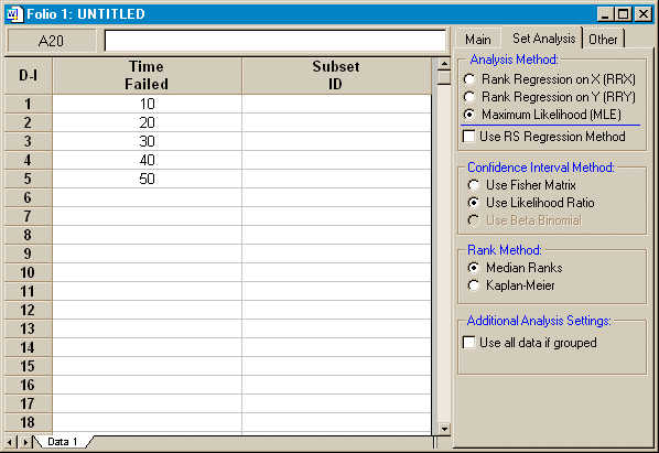 Weibull++ Data Folio with Likelihood Ratio Confidence Bounds Selected