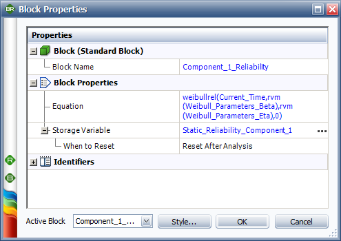 Block properties for the first component showing the equation used to generate the static reliability value used in the RBD