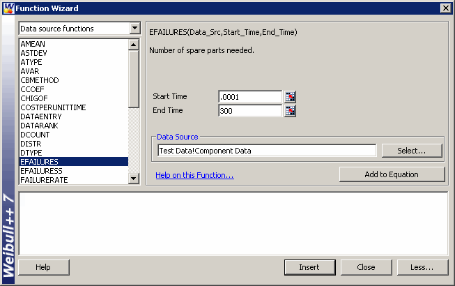 Figure 3: Using the EFAILURES Function in a Weibull++ General Spreadsheet