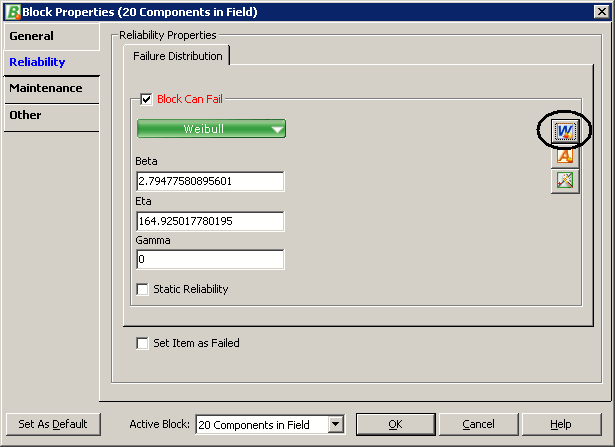 Figure 5: Importing the Failure Distribution from Weibull++ to BlockSim