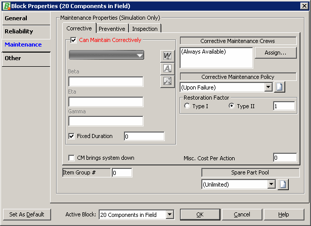 Figure 6: Specifying the Corrective Maintenance Distribution for the 20 Fielded Components