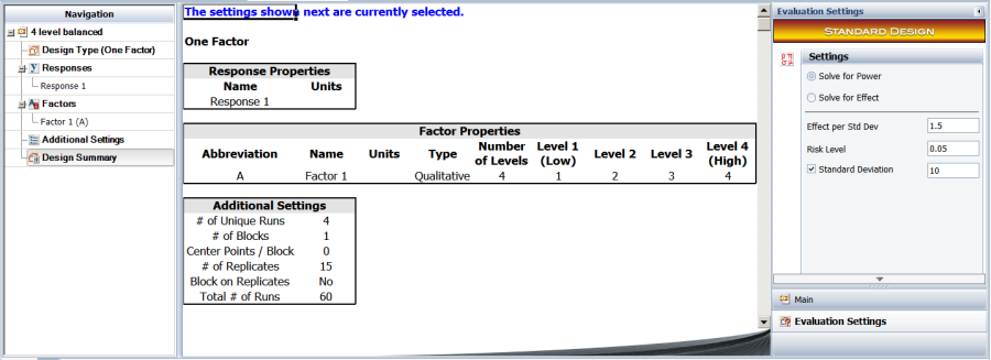 Design evaluation settings.