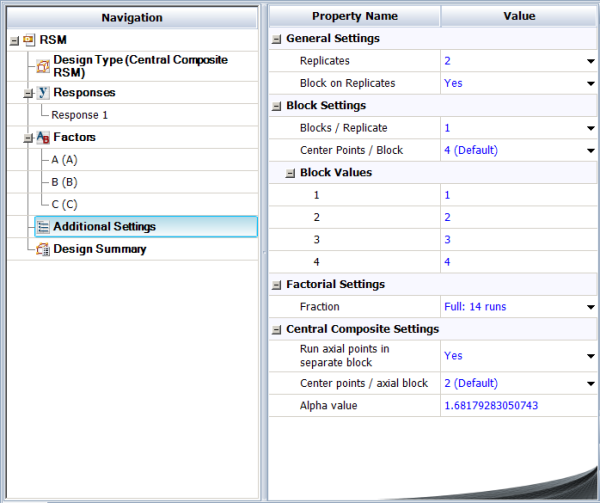 Settings for creating the RSM design