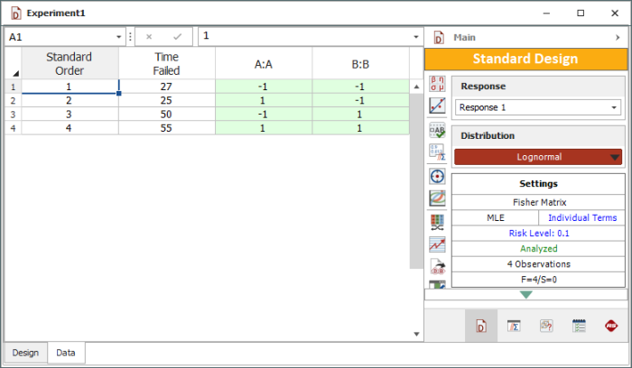 The '"`UNIQ--postMath-00000064-QINU`"' experiment design and the corresponding life data for the example.