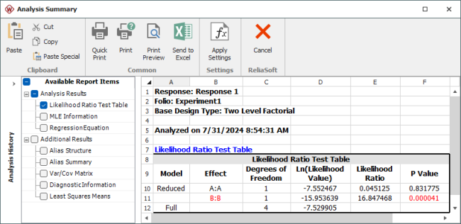 Likelihood ratio test results from Webibull++ for the experiment in the example.