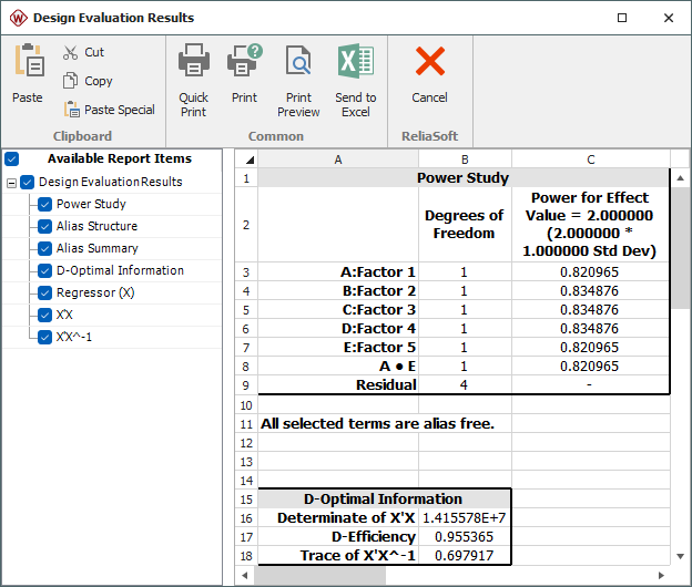 Design evaluation for the created optimal design Design evaluation for the created optimal design