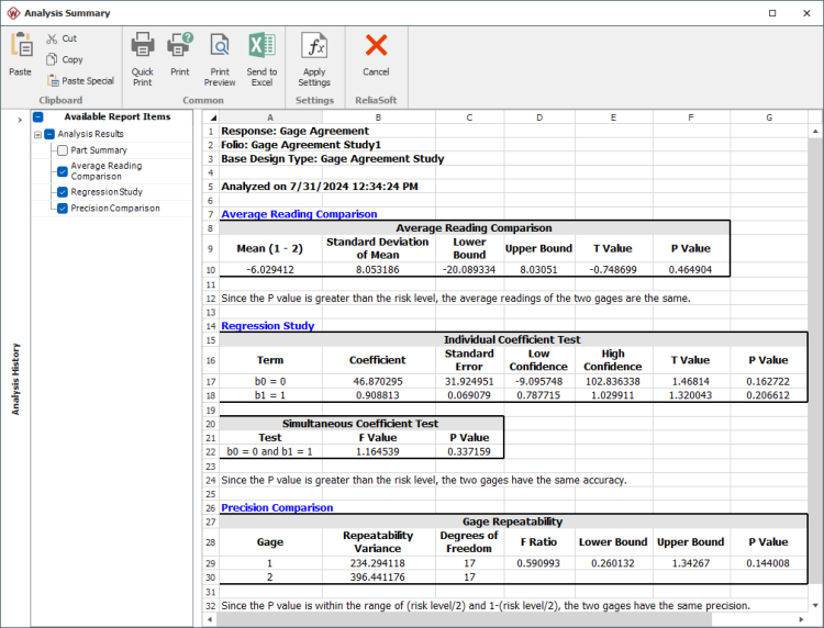Gage agreement study results from DOE++