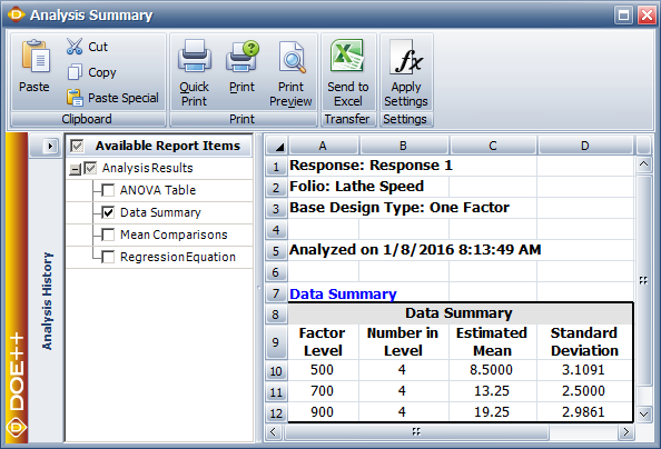 Data Summary table for the single factor experiment in the first table.