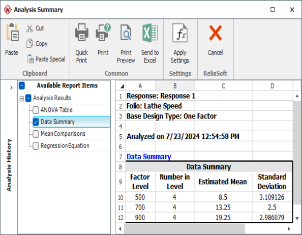 Data Summary table for the single factor experiment in the first table. Data Summary table for the single factor experiment in the first table.
