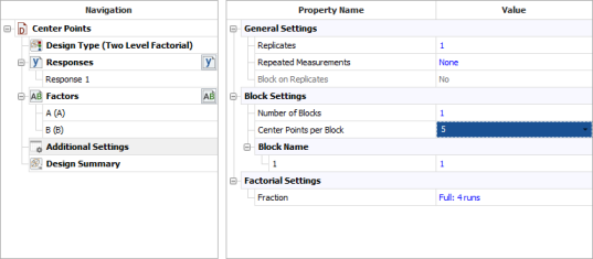 Design properties for the experiment in the example.
