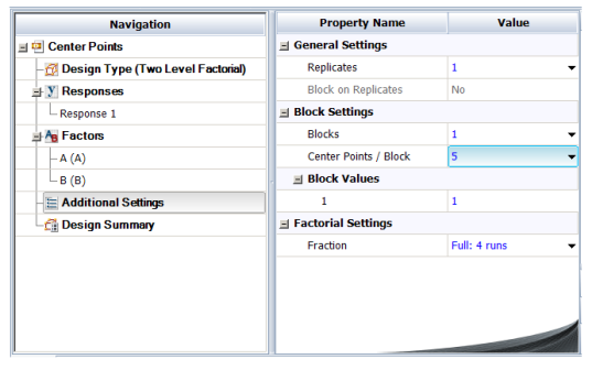 Design properties for the experiment in the example.