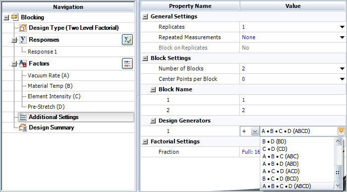 Specifying the interaction ABCD as the interaction to be confounded with the blocks for the example.