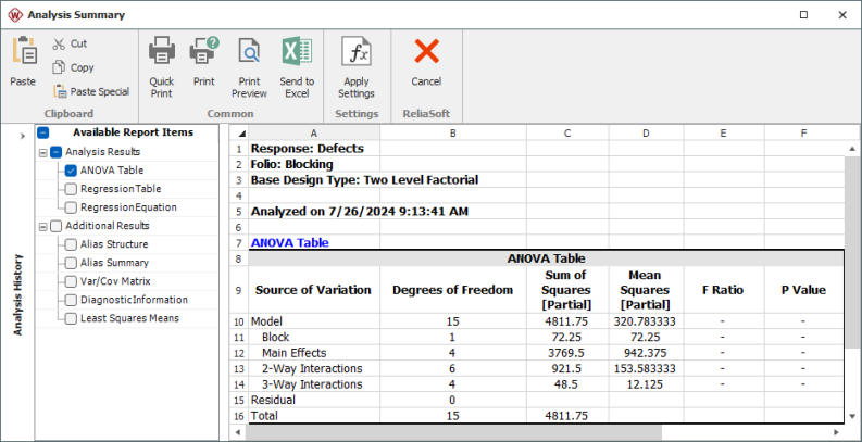 ANOVA table for the experiment of the example. ANOVA table for the experiment of the example.