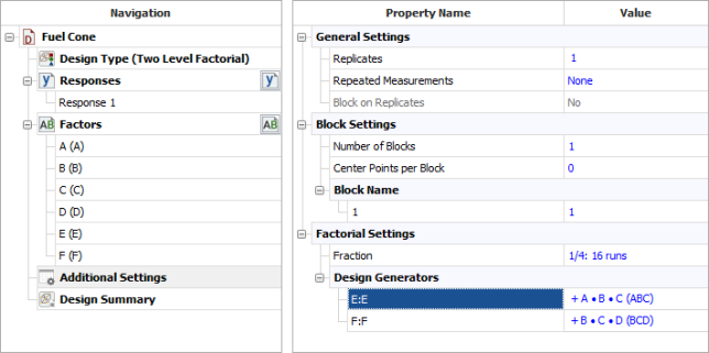 Design properties for the experiment in the example.