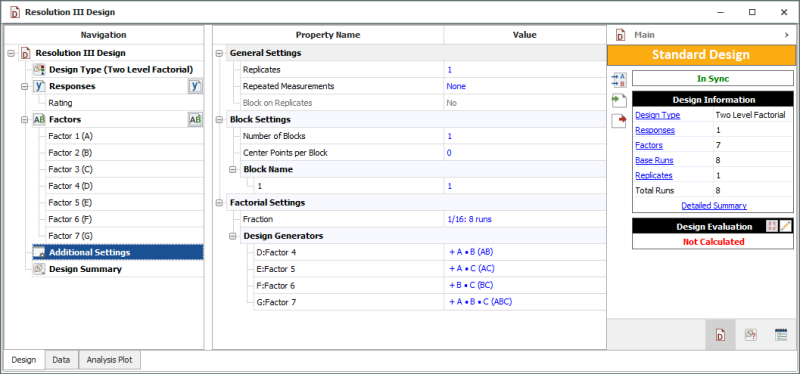 Design properties for the experiment in the example.