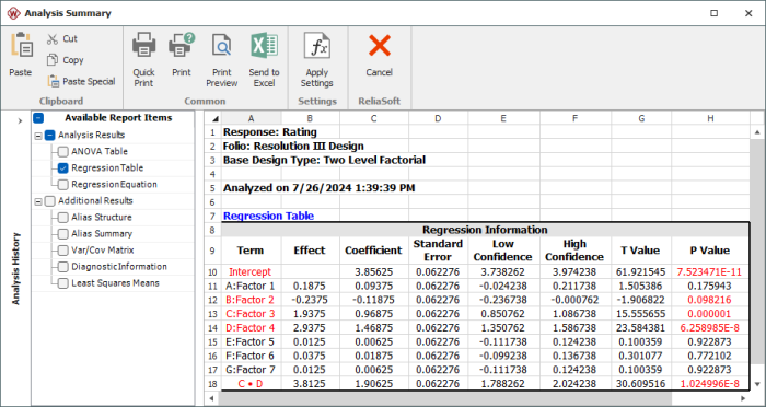 Effect values for the fold-over design in the example.