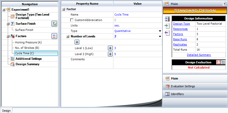 Design properties for the experiment in the example.