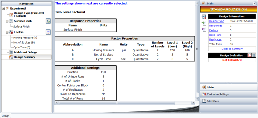 Design summary for the experiment in the example.