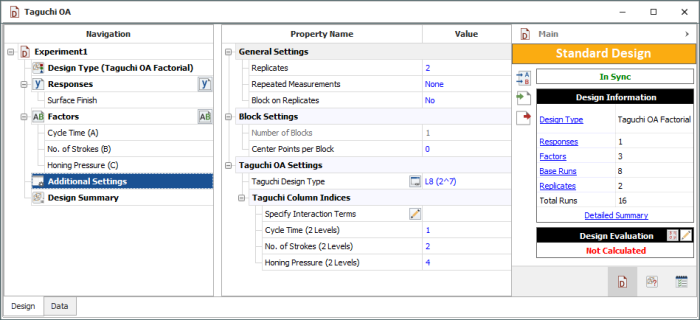 Design properties for the experiment in the example. Design properties for the experiment in the example.