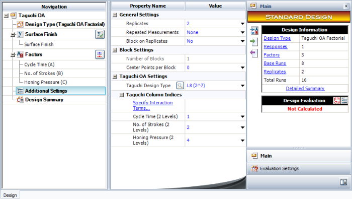 Design properties for the experiment in the example.