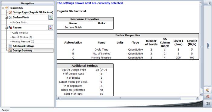 Factor properties for the experiment in the example.