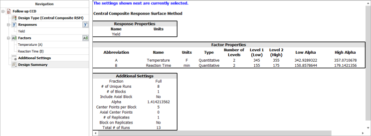 Properties for the central composite design in the example.
