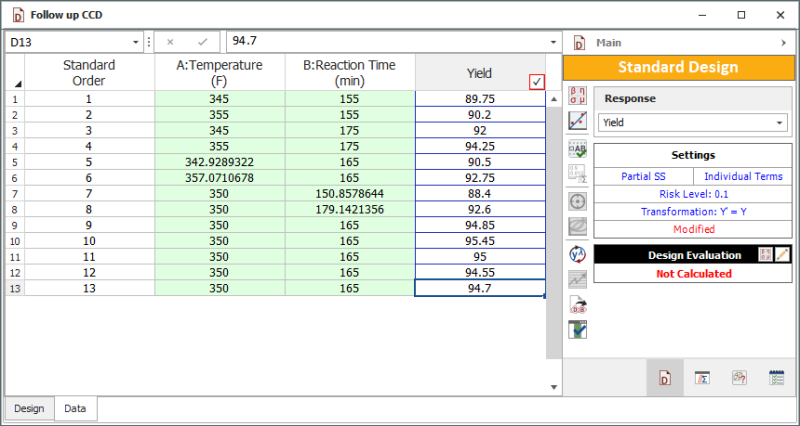Central composite design for the experiment in the example.