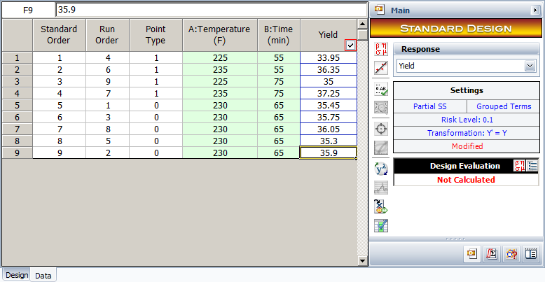 The '"`UNIQ--postMath-0000000B-QINU`"' experiment design in to explore the current operating conditions.