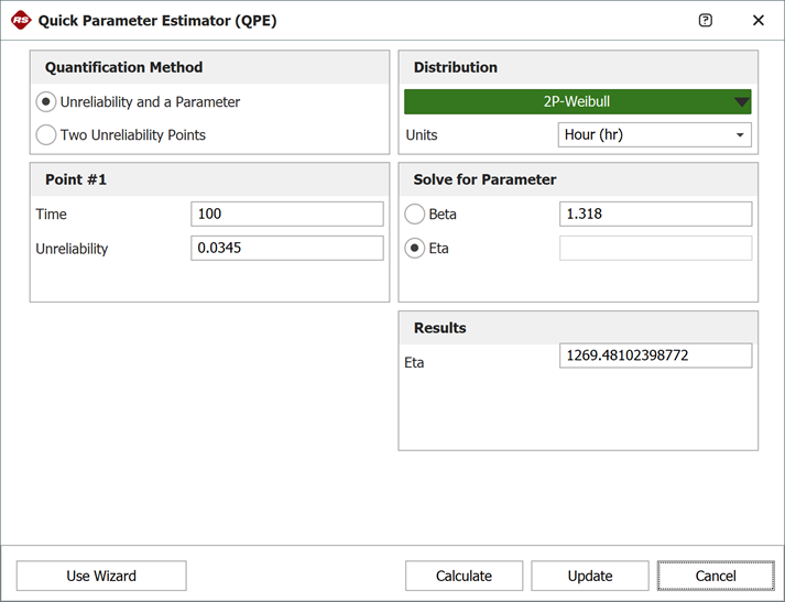 BlockSim's Quick Parameter Estimator (QPE) used to determine a new eta based on the newly determined reliability target BlockSim's Quick Parameter Estimator (QPE) used to determine a new eta based on the newly determined reliability target