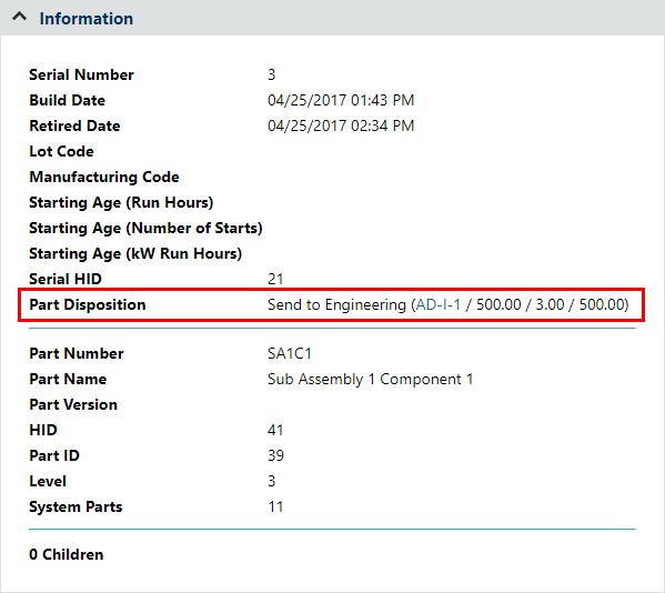 Time metrics and other info for repaired / replaced parts