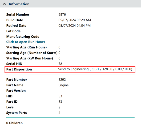 Time metrics and other info for repaired / replaced parts